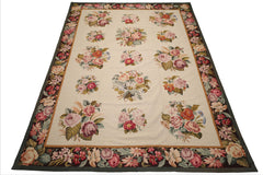 9x12 Ivory, Chocolate, Green Color Hand Woven French Aubusson Needlepoint Wool Traditional Oriental Rug