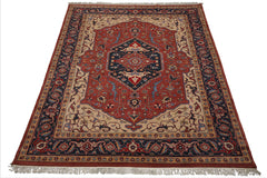 9x12 Salmon, Navy, Tan Color Hand Knotted Heriz Wool Traditional Oriental Rug