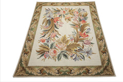 8x10 Ivory, Green, Gold Color Hand Woven French Aubusson Needlepoint  Wool Traditional Oriental Rug