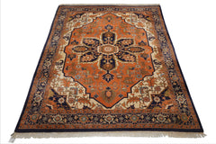 9x12 Muted Orange, Ivory, Navy Color Hand Knotted Heriz Wool Traditional Oriental Rug