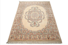 8x10 Ivory, Tan, Rose Color Hand Knotted French Aubusson Savonnerie Wool Traditional Oriental Rug