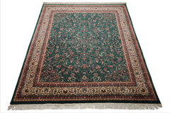 8x10 Emerald, Ivory, Rose Color Hand Knotted Kashan Wool Traditional Oriental Rug
