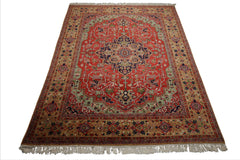 9x12 Coral, Tan, Navy Color Hand Knotted Heriz New Zealand Wool Traditional Oriental Rug