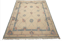 8x10 Ivory, Blue, Rose Color Hand Knotted Tibetan Wool Arts & Crafts Oriental Rug