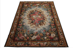 9x12 Teal, Aqua, Ivory Color Hand Woven Aubusson Needlepoint  Wool Traditional Oriental Rug