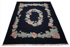 9x12 Navy, Rose, Ivory Color Hand Woven Kilim Wool Traditional Oriental Rug