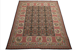 8x10 Black, Rose, Ivory Color Hand Woven Aubusson Needlepoint Wool Traditional Oriental Rug