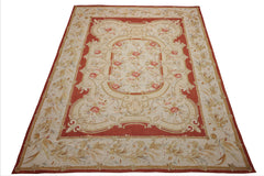 8x10 Ivory, Gold, Orange Color Hand Woven Aubusson Needlepoint Wool & Silk Traditional Oriental Rug