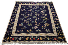 8x10 Navy, Ivory, Gold Color Hand Woven Kilim Wool Traditional Oriental Rug