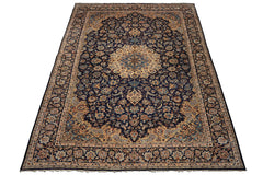 9x13 Navy, Ivory, Beige Color Hand Knotted Kashan Wool Traditional Oriental Rug
