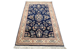 4x6 Navy, Ivory, Peach Color Hand Knotted Sarouk New Zealand Wool Traditional Oriental Rug