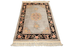 4x6 Gray, Black, Taupe Color Hand Knotted French Aubusson Savonnerie Wool Traditional Oriental Rug