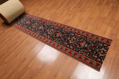 Runner Navy, Red, Aqua Color Machine Made Floral 100% Wool Traditional Oriental Rug