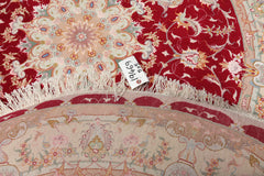 Round Red, Ivory, Peach Color Hand Knotted Tabriz Round Wool& Silk Traditional Oriental Rug