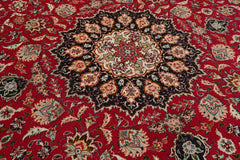 Round Fuschia, Midnight Blue, Ivory Color Hand Knotted Tabriz Round Wool & Silk Traditional Oriental Rug