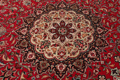 Round Red, Black, Ivory Color Hand Knotted Tabriz Round Wool & Silk Traditional Oriental Rug