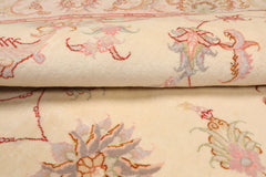 Round Ivory, Rose, Beige Color Hand Knotted Tabriz Round Wool & Silk Traditional Oriental Rug