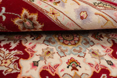 Runner Red, Ivory, Rose Color Hand Knotted Tabriz Wool & Silk Traditional Oriental Rug