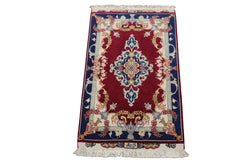 2x3 Mauve, Navy, Ivory Color Hand Knotted Tabriz Wool & Silk Traditional Oriental Rug