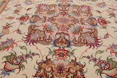 3x5 Ivory, Peach, Aubergine Color Hand Knotted Tabriz Wool & Silk Traditional Oriental Rug