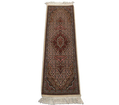 Runner Ivory, Brown, Pink Color Hand Knotted Tabriz Wool & Silk Traditional Oriental Rug