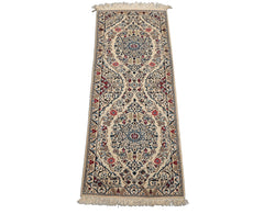 Runner Ivory, Blue, Maroon Color Hand Knotted Nain Wool & Silk Traditional Oriental Rug