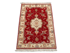 2x3 Red, Ivory, Aqua Color Hand Knotted Tabriz Wool & Silk Traditional Oriental Rug