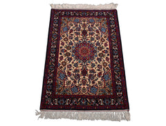 2x3 Beige, Navy, Red Color Hand Knotted Isfahan Wool & Silk Traditional Oriental Rug