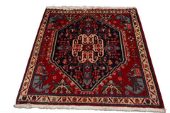 Square Navy, Red, Ivory Color Hand Knotted Abadeh Wool Traditional Oriental Rug