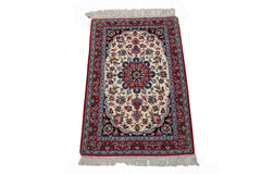 2x3 Ivory, Red, Blue Color Hand Knotted Isfahan Wool & Silk Traditional Oriental Rug