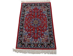 2x3 Red, Navy, Green Color Hand Knotted Isfahan Wool & Silk Traditional Oriental Rug