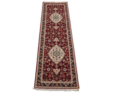 Runner Maroon, Black, Ivory Color Hand Knotted Tabriz Wool & Silk Traditional Oriental Rug