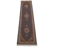 Runner Blue, Ivory, Brown Color Hand Knotted Tabriz Wool & Silk Traditional Oriental Rug