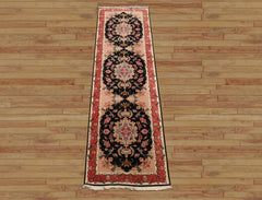Runner Black, Peach, Coral Color Hand Knotted Tabriz Wool & Silk Traditional Oriental Rug