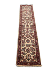 Runner Ivory, Black, Rust Color Hand Knotted Sarouk Wool Traditional Oriental Rug