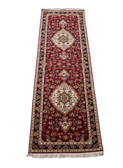 Runner Burgundy, Black, Ivory Color Hand Knotted Tabriz Wool & Silk Traditional Oriental Rug