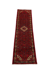 Runner Red, Ivory, Green Color Hand Knotted Hamedan Wool Traditional Oriental Rug