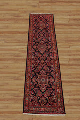 Runner Navy, Orange, Ivory Color Hand Knotted Hamedan Wool Traditional Oriental Rug