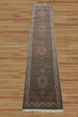Runner Green, Ivory, Taupe Color Hand Knotted Tabriz Wool & Silk Traditional Oriental Rug