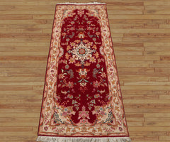 Runner Fuschia, Ivory, Pink Color Hand Knotted Tabriz Wool & Silk Traditional Oriental Rug