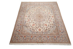 8x10 Ivory, Taupe, Navy Color Hand Knotted Isfahan Wool & Silk Traditional Oriental Rug