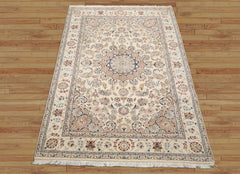 6x9 Ivory, Tan, Navy Color Hand Knotted Nain Wool & Silk Traditional Oriental Rug