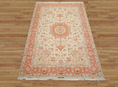 6x10 Ivory, Rose, Lime Color Hand Knotted Tabriz Wool & Silk Traditional Oriental Rug