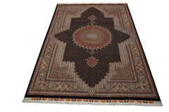 8x11 Midnight Blue, Ivory, Rose Color Hand Knotted Tabriz Wool Traditional Oriental Rug