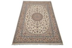 7x10 Ivory, Peach, Blue Color Hand Knotted Nain Wool & Silk Traditional Oriental Rug