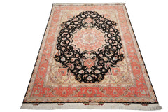 8x11 Black, Rose, Ivory Color Hand Knotted Tabriz Wool & Silk Traditional Oriental Rug