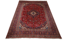 9x13 Red, Indigo, Ivory Color Hand Knotted Kashan Wool Traditional Oriental Rug