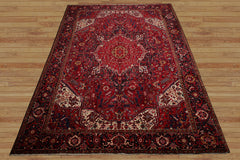 10x13 Red, Navy, Ivory Color Hand Knotted Heriz Wool Traditional Oriental Rug