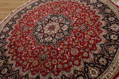 Round Red, Navy, Ivory Color Hand Knotted Tabriz Wool Traditional Oriental Rug