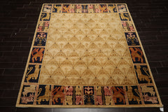 8x10 Beige, Gold, Midnight Blue Color Hand Knotted Tibetan Wool Transitional Oriental Rug